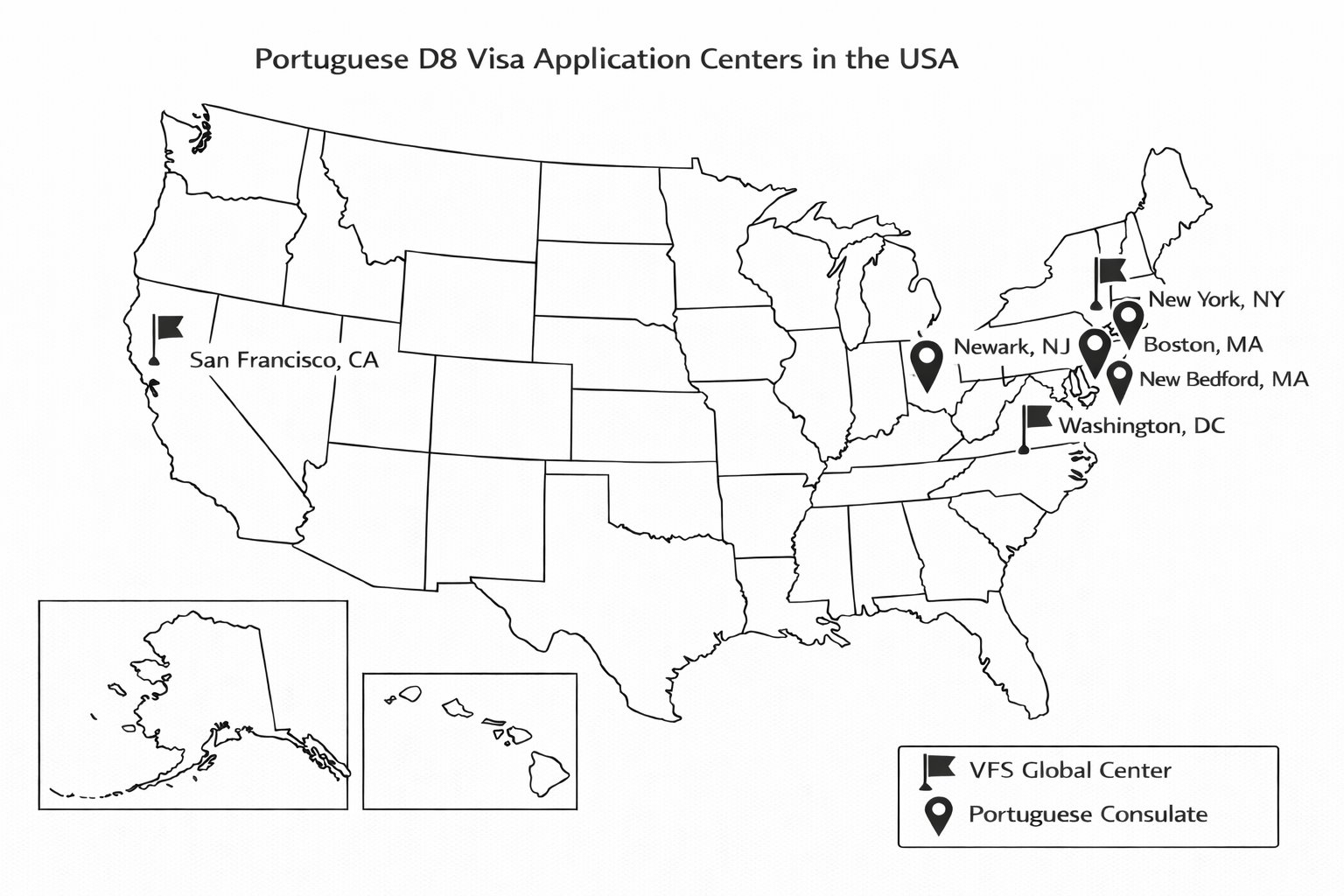 Portugal D8 Visa Application Centers in the USA - Map showing VFS Global locations and Portuguese Consulates